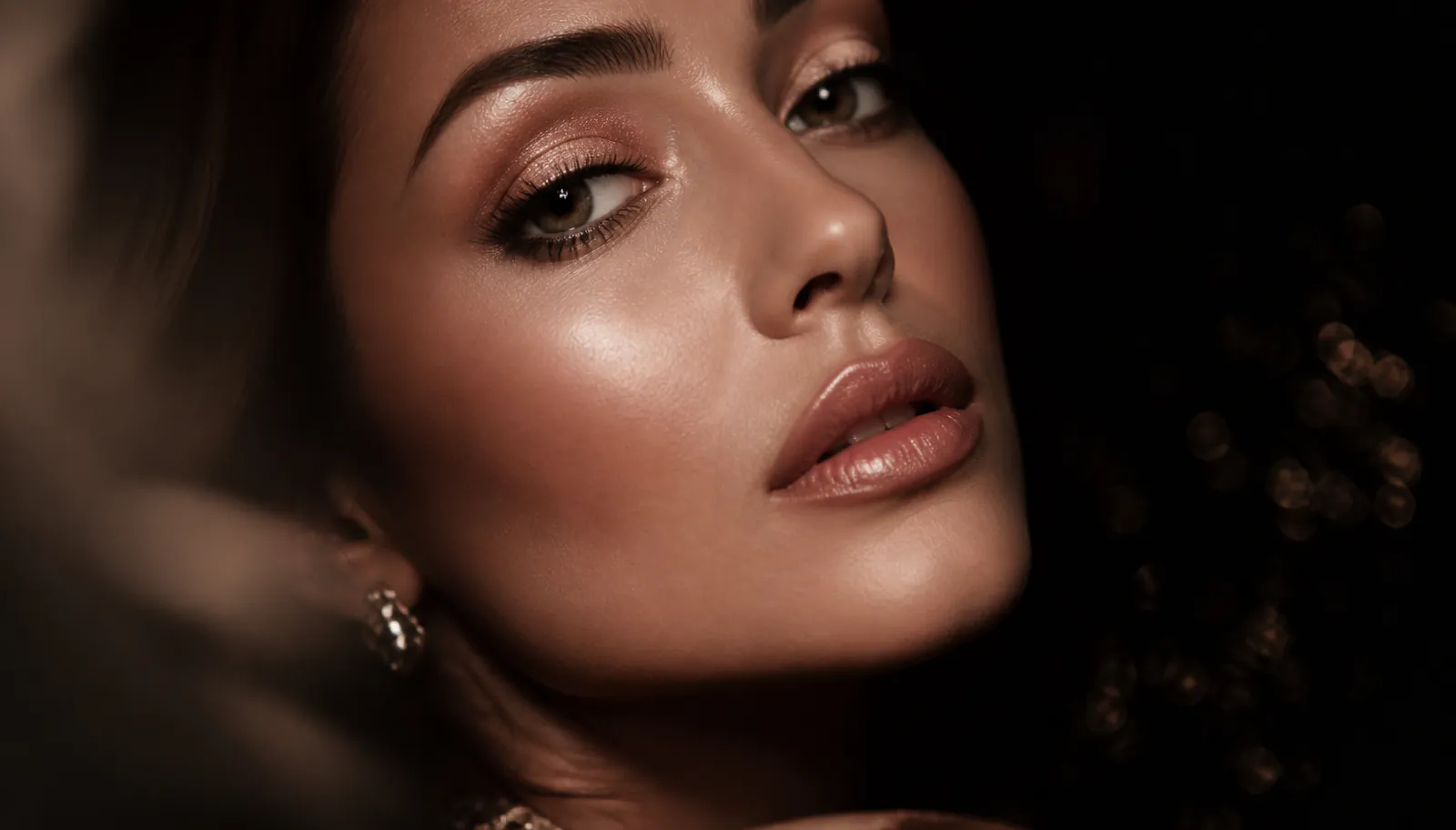Close-up editorial beauty portrait in champagne light