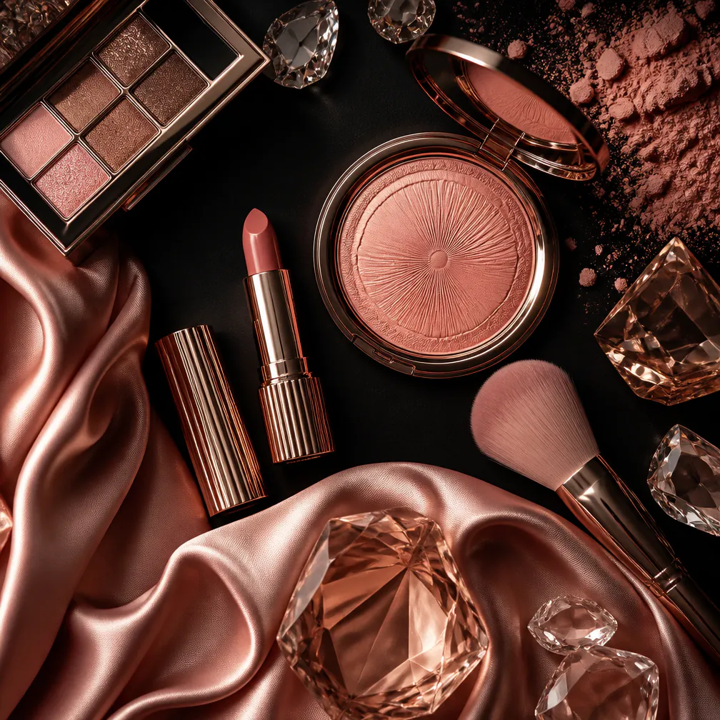 Rose gold cosmetics styled on blush silk